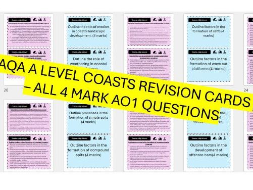 AQA A LEVEL GEOGRAPHY - COASTS - ALL 4 MARK QUESTIONS - MODEL ANSWER REVISION CARDS