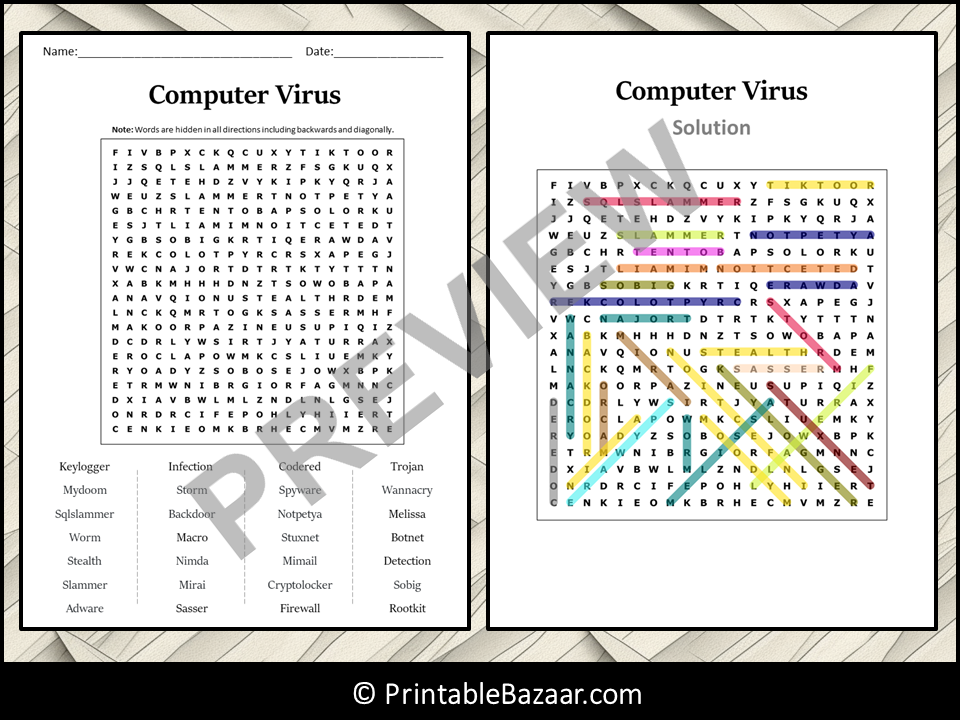 Computer Virus Word Search Puzzle Worksheet Activity | Teaching Resources