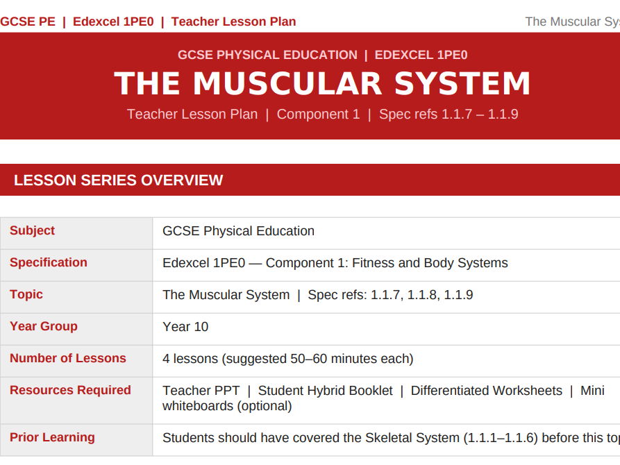 Muscular System | Edexcel GCSE PE 1PE0 | Lesson Plan – 4-Lesson Sequence