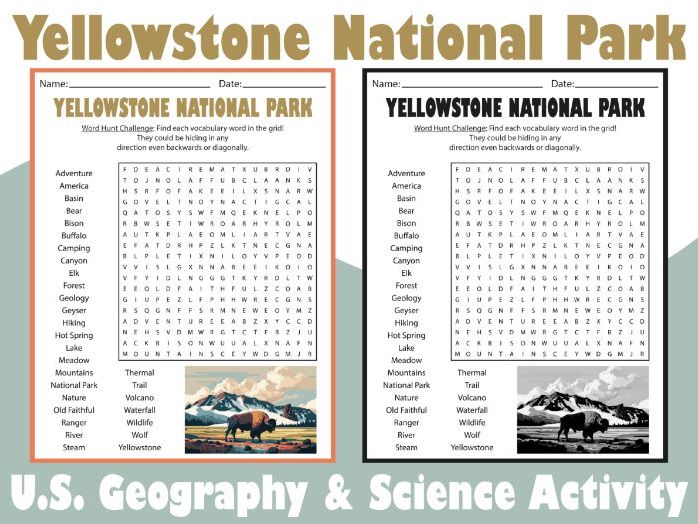 Yellowstone National Park Word Search Puzzle | U.S. Geography & Science Activity