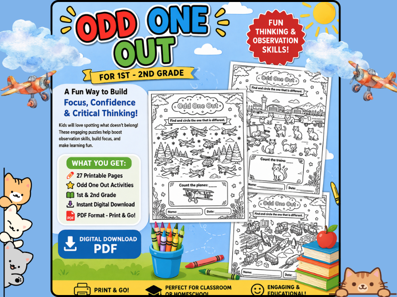 Odd One Out Printable Worksheet Pack for 1st Grade 2nd Grade Visual Thinking Coloring Activity PDF