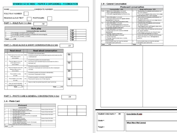 GCSE Spanish / French Speaking Marksheet F/H