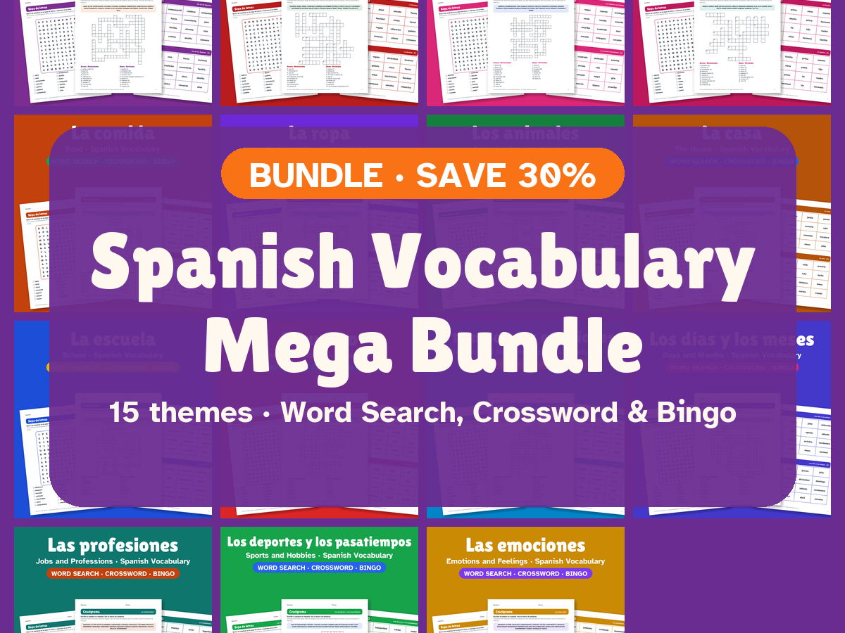 Spanish Vocabulary Bundle: Word Search, Crossword & Bingo (15 Themes)