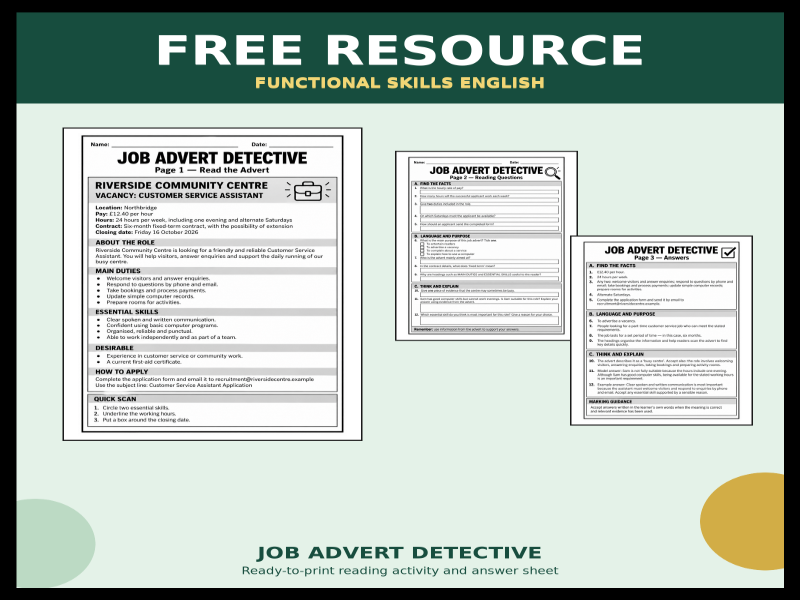 Job Advert Detective – FREE Functional Skills English Reading Comprehension Worksheet & Answers