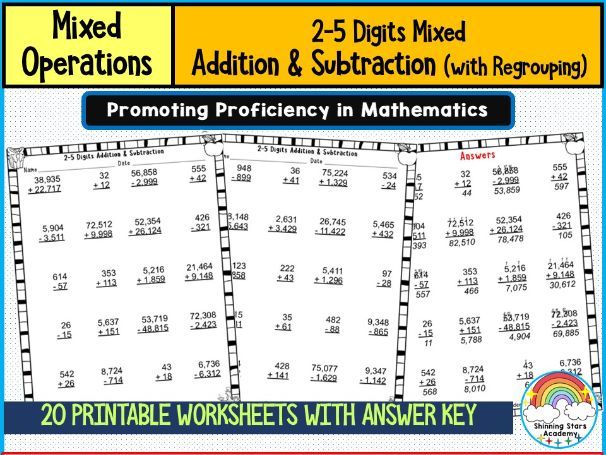 2–5 Digit Mixed Addition and Subtraction with Regrouping Worksheets | Multi-Digit Arithmetic Practic