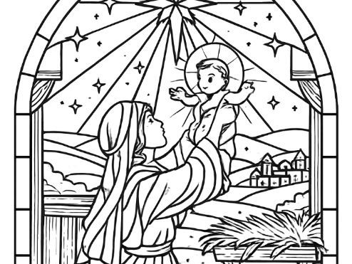 Nativity Christmas stained glass Colouring sheet Jesus and Mary in stable