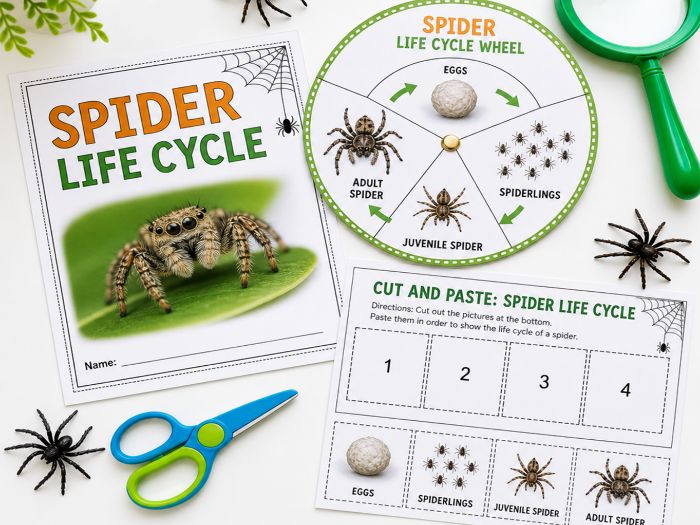 Spider Life Cycle Worksheets & Spinner Craft