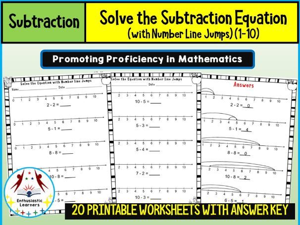 Solve the Subtraction Equation by Using Number Line Jumps (1–10) – Worksheets Practice Activity