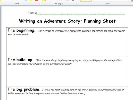 Adventure story planning sheet KS2