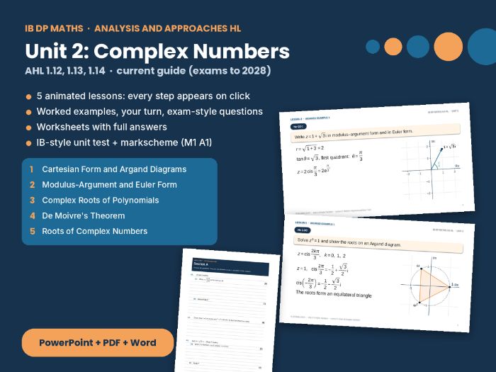 IB Maths AA HL Complex Numbers – HL Unit 2: Argand, Euler form, De Moivre, roots, IB-style test