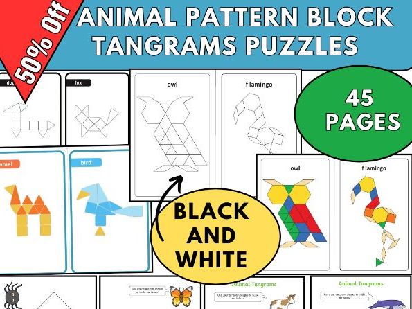 printable animal pattern block ,2D shape sorting cut and paste, tangrams puzzles