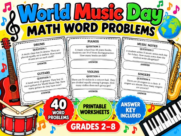 World Music Day Math Word Problems | 40 Printable Worksheets with Answer Key