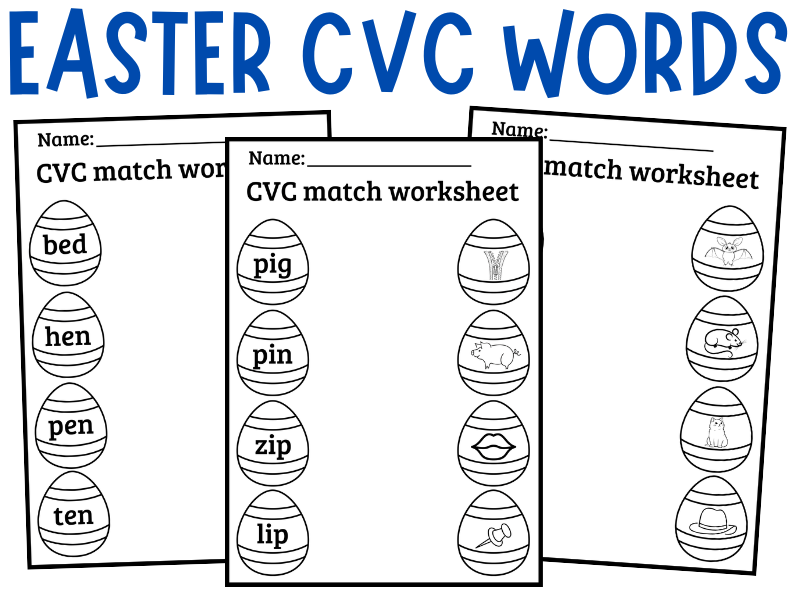 Easter CVC Words Matching & Coloring Worksheets | Bunny Egg Literacy Centers & Phonics Activity