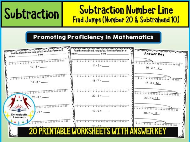 Find the Number Line Subtraction Jumps Worksheets (Numbers up to 20, Subtrahends less than 10) Activ