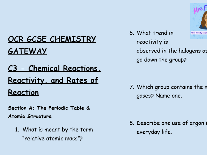 OCR GCSE Chemistry C3 Retrieval Practice: Low-Stakes Questions on Reactions & Reactivity