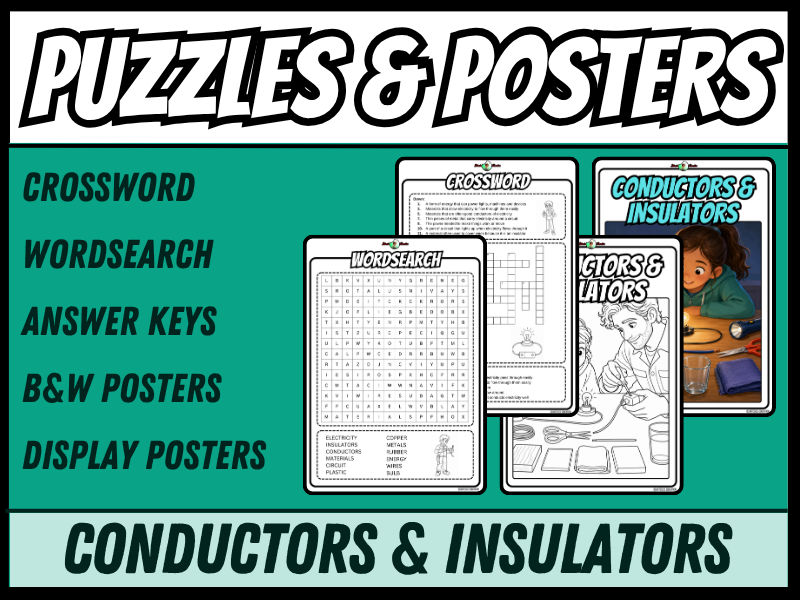 Conductors & Insulators | Crossword, Wordsearch, Colouring Posters | Year 3/4
