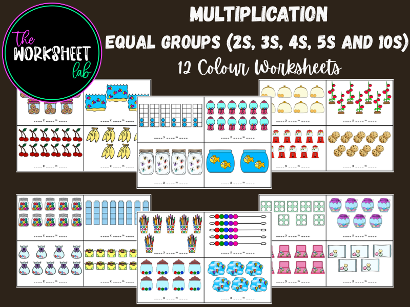 Multiplication - Equal Groups (by 2s, 3s 4s, 5s and 10s) Worksheets in Colour