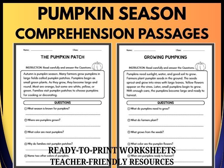 Pumpkin Season Reading Comprehension | 20 Passages with Questions and Answers | Grades 2–8