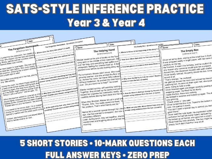 KS2 SATs-Style Inference Practice Pack | Year 3  Year 4 | 5 Short Stories with 10-Mark Questions