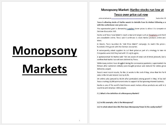 Monopsony Market Student Tasksheets (Edexcel A-Level)