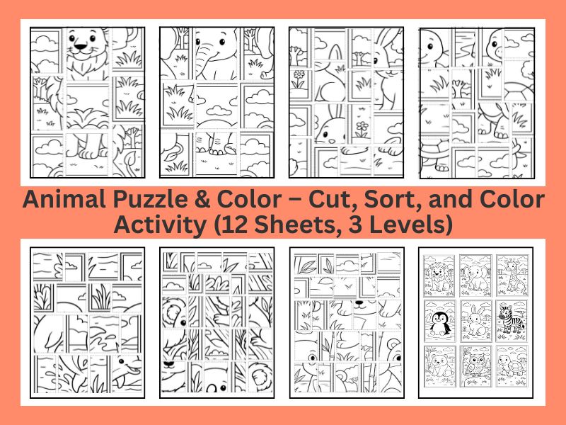 Mixed-Up Coloring Puzzles – Cut, Arrange, and Color Activity for Kids – 3 Difficulty Levels