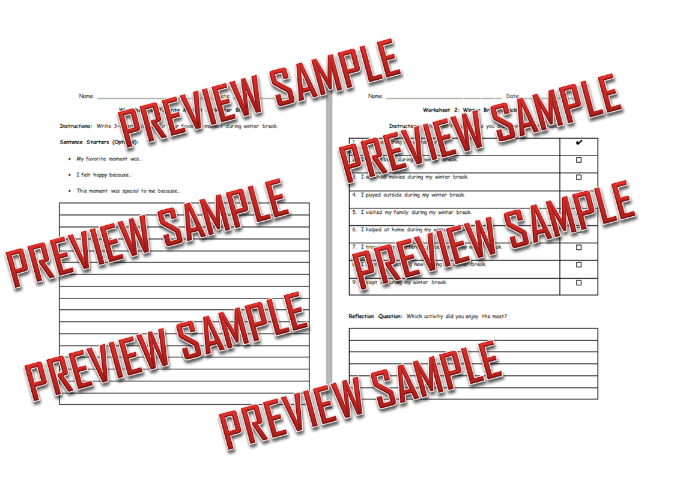 Winter Break Writing Worksheets | Winter Break Back to School Reflection