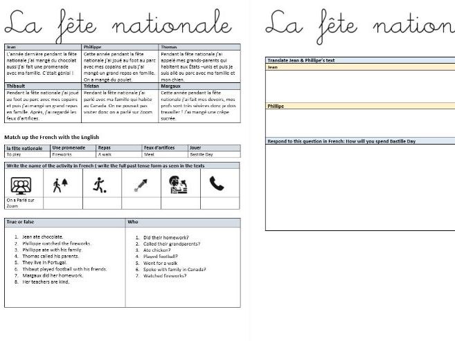 Bastille Day - La Fête Nationale KS3 Reading comprehension and writing worksheet: Perfect tense