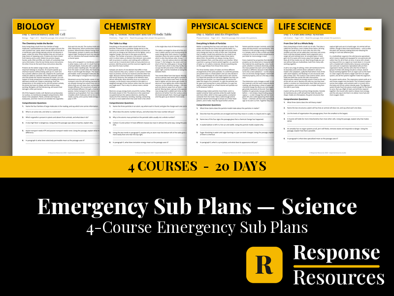 Science Emergency Sub Plans BUNDLE - 4 Courses, 20 Days No Prep Print and Go