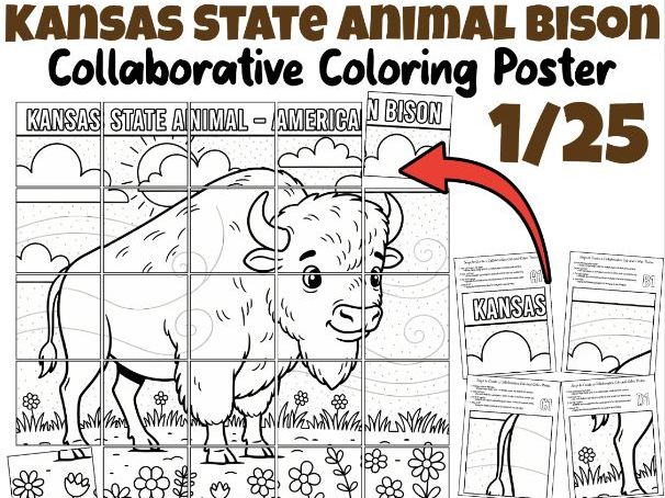 Kansas State Animal Bison Collaborative Coloring Poster | Kansas Day Classroom Art