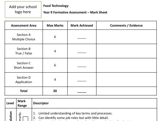 Year 9 Formative Assessment - Hospitality and Catering / Food Technology