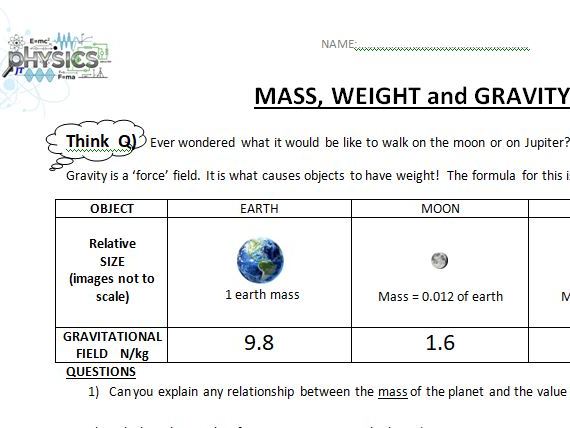 Mass Weight and Gravity W =mg calculations
