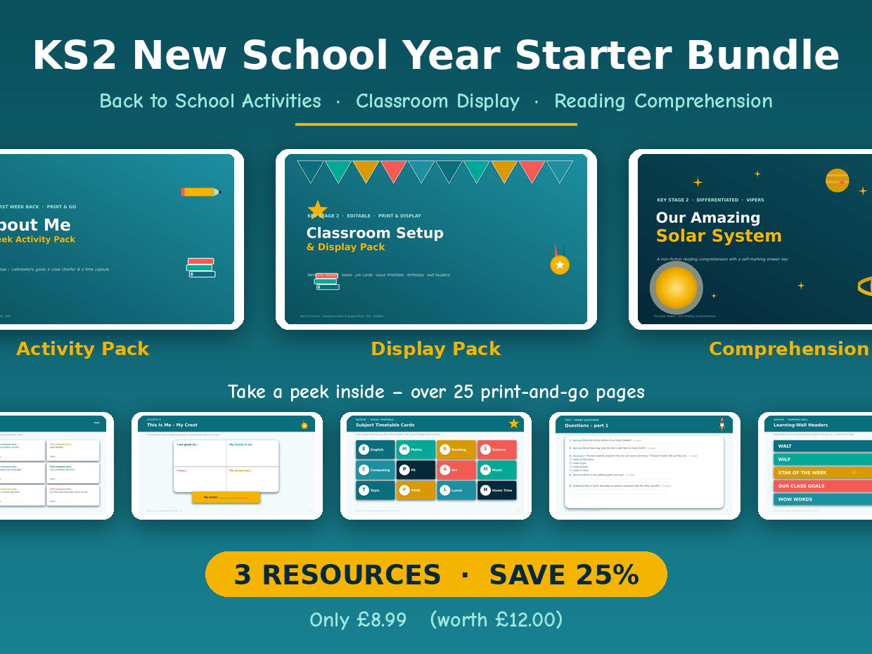 KS2 New School Year Starter Bundle | Back to School Activities, Classroom Display & Reading Comprehension (Editable, Print & Go)