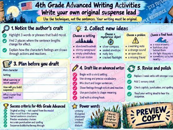 USA – The Boathouse at Briar Lake 4th Grade suspense writing resource with an advanced model text