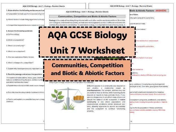 GCSE Worksheet Ecology & Biotic & Abiotic Factors
