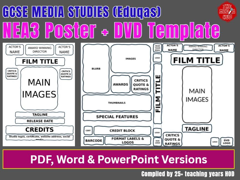 GCSE Media Studies | Component 3 NEA | DVD Cover & Film Poster Template | Coursework |  Layout | KS4