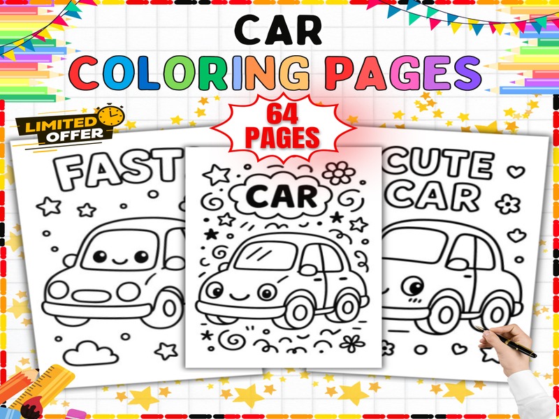 Car Coloring Pages | 64 Printable Sheets | Vehicle Activity for Kids at Home