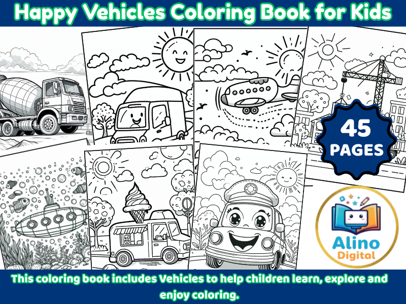 Happy Vehicles Coloring Book for Kids