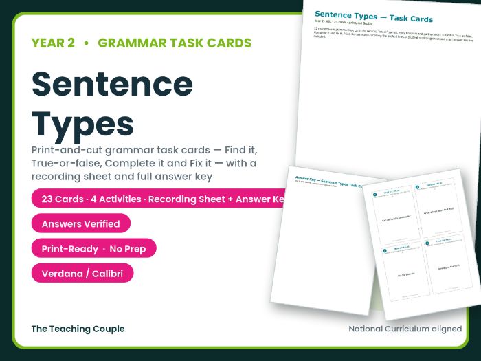 Year 2 Sentence Types Task Cards – 23 Grammar Cards + Answer Key