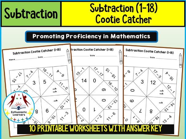 Subtraction Cootie Catcher (1–18) – Games & Fun Activity Worksheets