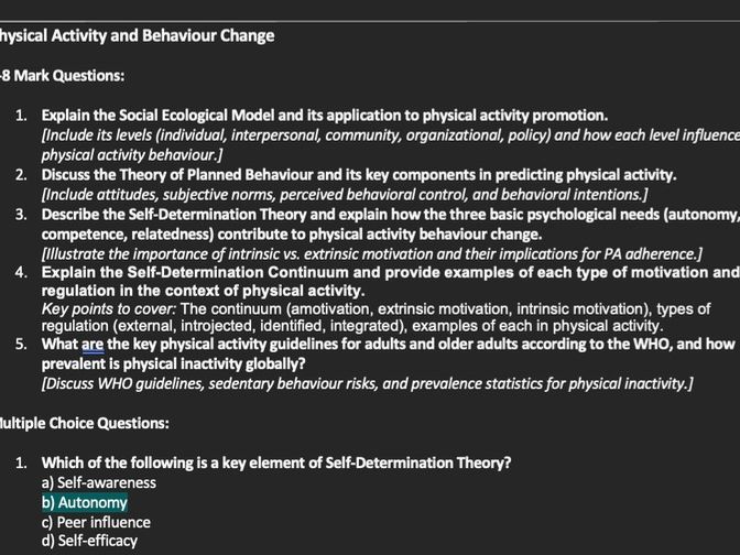 Exercise Psychology Long & Short Answer Questions