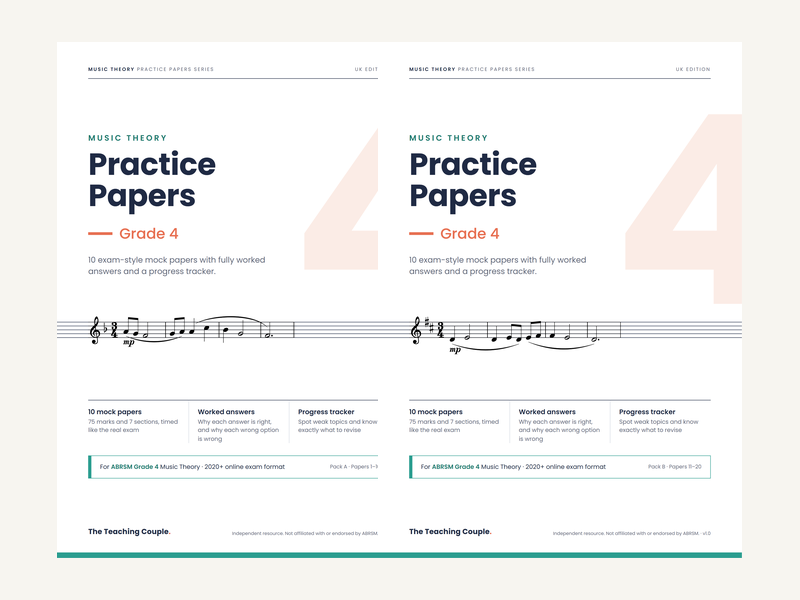 Grade 4 Music Theory Practice Papers – for ABRSM – Packs A + B (20 Mock Papers)