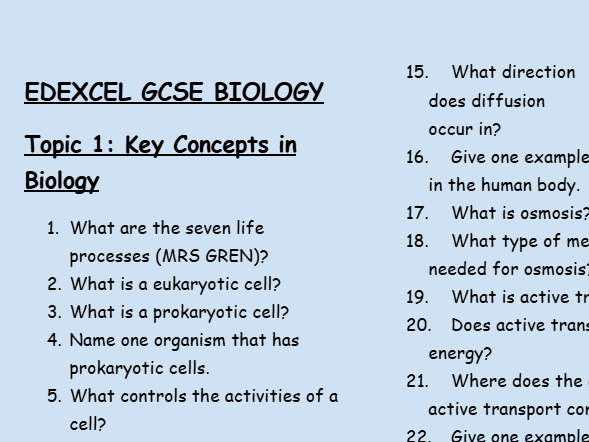 Edexcel GCSE Biology Topic 1: Key Concepts in Biology – 30 Question Retrieval Sheet (With Answers)