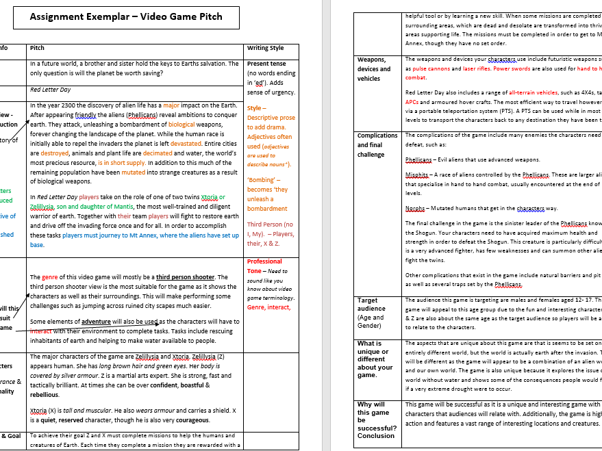 Video Game Pitch Task - Example response and Teacher's copy (Annotated Exemplar)