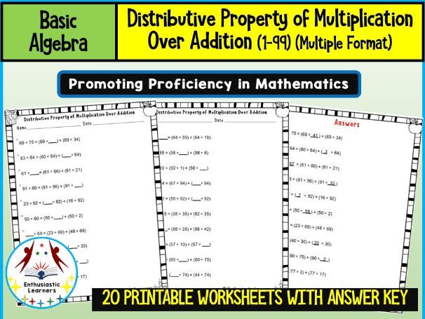 Distributive Property of Multiplication over Addition ( 1–99) Multiple Format Worksheets Math
