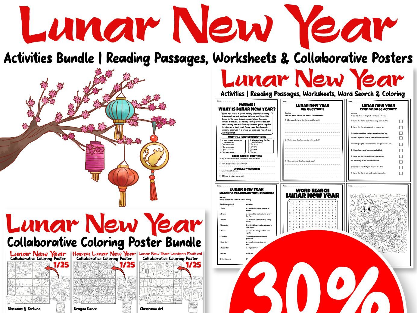 Lunar New Year Activities Bundle | Reading Passages, Worksheets & Collaborative Posters