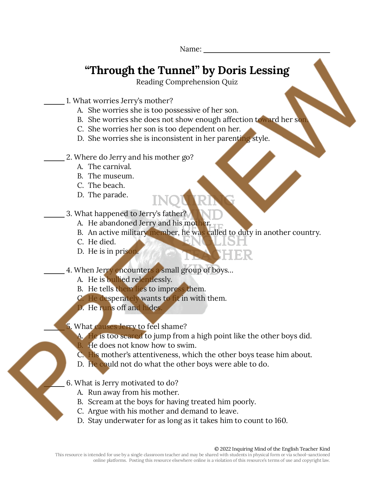 "Through the Tunnel" by Doris Lessing Quiz and Answer Key Teaching