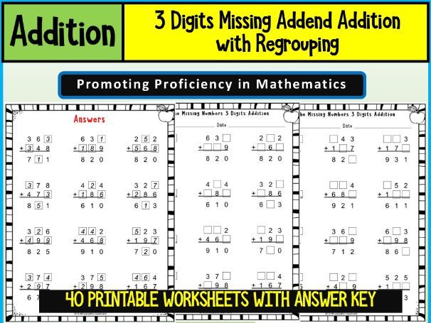 3 Digit Missing Addend with Regrouping Worksheets Math Problems