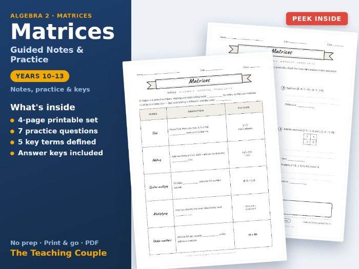 Matrices Sketch Notes & Practice + Answer Keys | Years 10-13