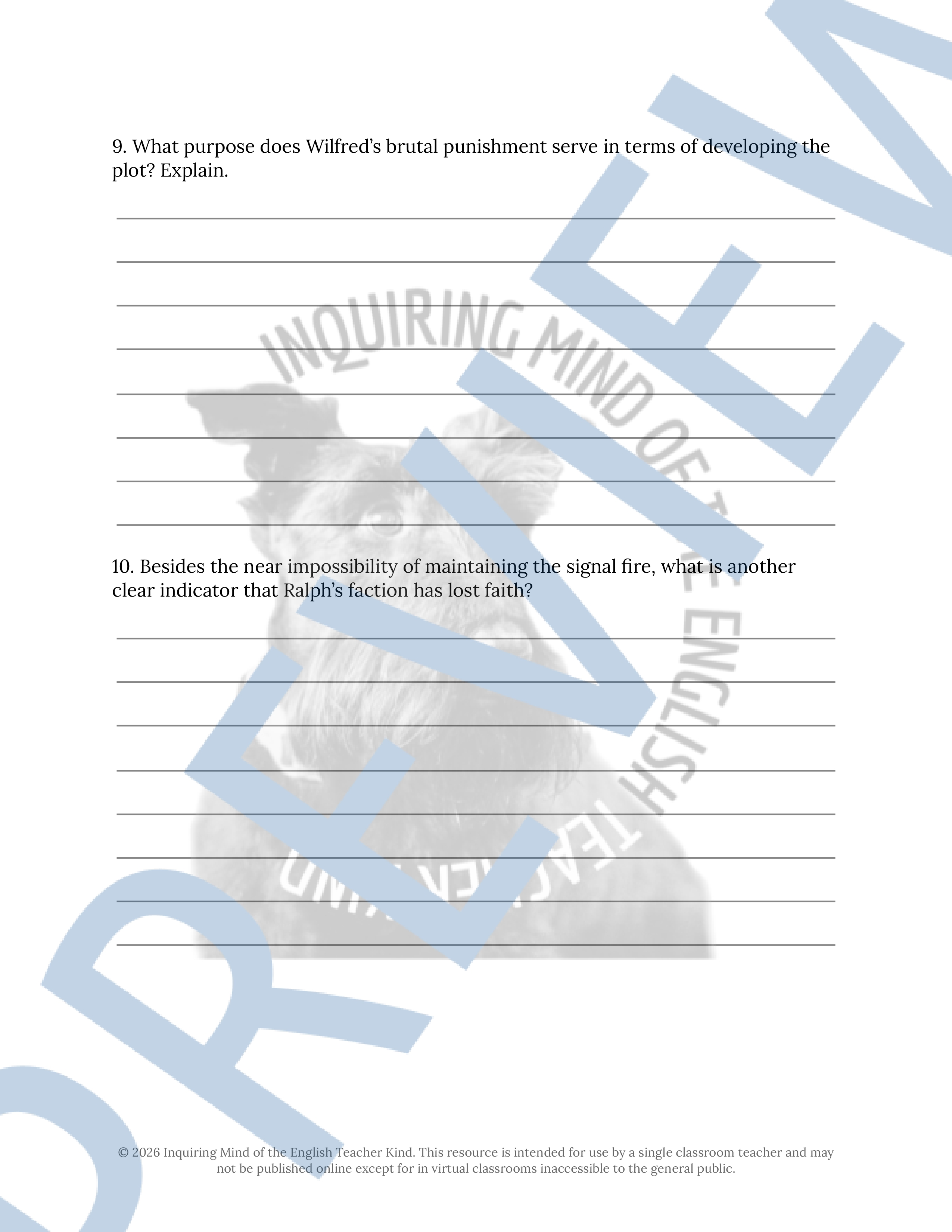 Lord of the Flies Chapter 10 Close Reading Analysis Worksheet ...