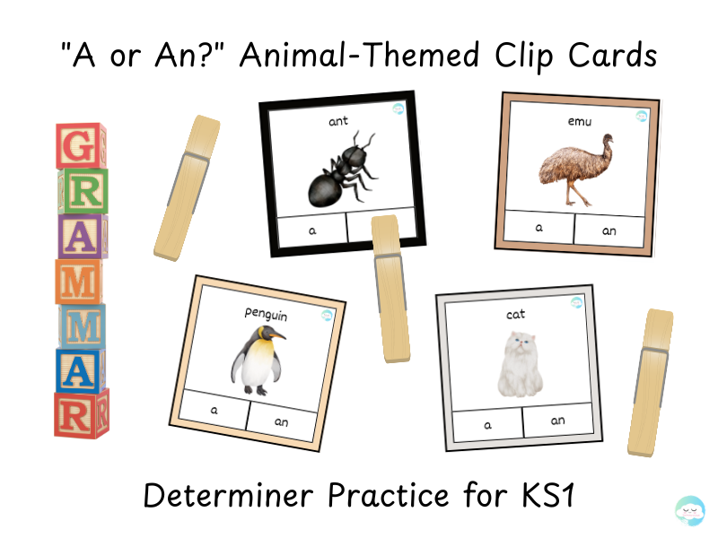 "A or An?" Animal-Themed Clip Cards – Determiner Practice for KS1